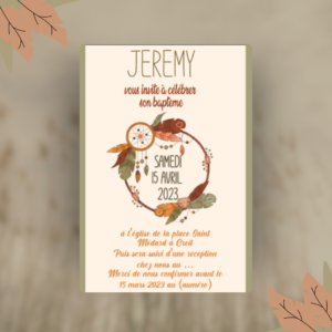 Carte Invitation Bohème Automnal baptême naissance personnalisé