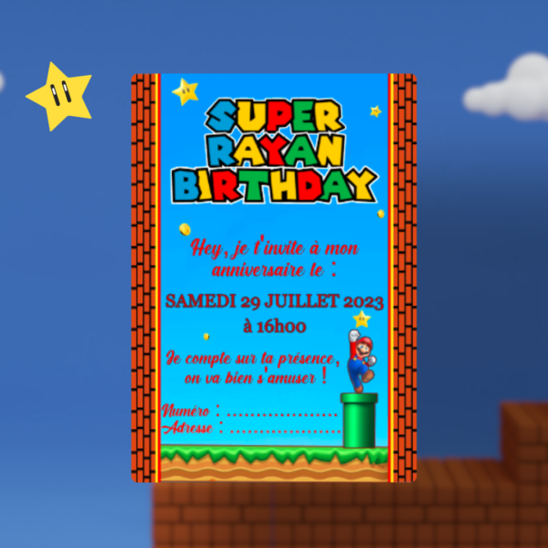 Carte d'invitation mario anniversaire à thème personnalisé personnalisable